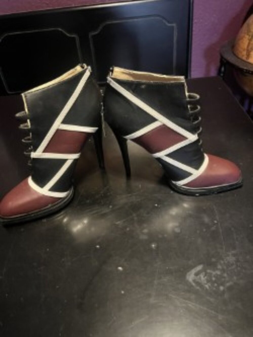 GX by Gwen Stefani Masako High Heel Ankle Boots Burgundy Black White Sz 9.5 NEW